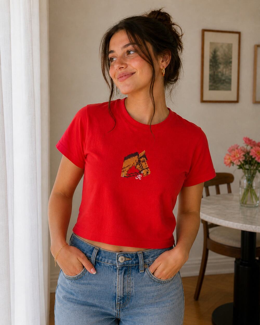 NEW Bailey Rose Boutique Red Embroidered Horse Western Inspired Baby Tee Small